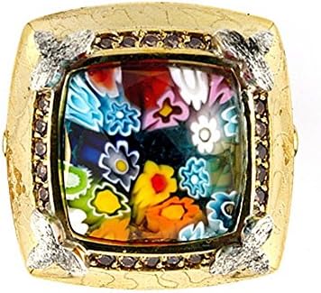 Signature Collection Faceted Multi Color Murano Glass Square Ring With Brass and CZ Accents - Size 6