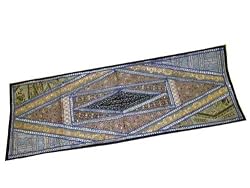 Dusty Blue Vintage Sari Patchwork Beaded Indian Table Runner 60
