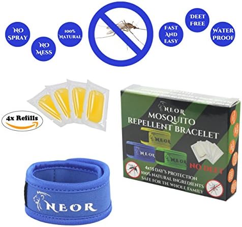 NEOR 100% ALL Natural Insect Mosquito Repellent Active Bracelet with 4 Refills! Easy To Use and Safe for Kids with no Spray, no Deet. (Blue)