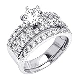.925 Sterling Silver Round-cut CZ Cubic Ziconia Solitaire with side-stone Ladies Engagement Ring and Wedding Band 2 Two Piece Set (Size 5 to 9)