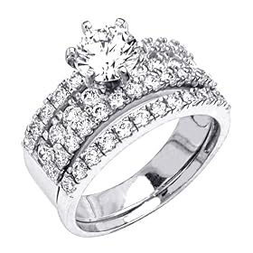 .925 Sterling Silver Round-cut CZ Cubic Ziconia Solitaire with side-stone Ladies Engagement Ring and Wedding Band 2 Two Piece Set (Size 5 to 9) - Size 5: The World Jewelry Center: Jewelry