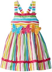 Girls Striped Print Cotton Ruched Shirred Applique  Dress
