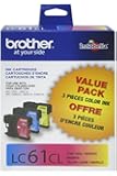 Brother LC61CL 3-Pack Ink Cartridge, 500 Page-Yield, Cyan Magenta Yellow