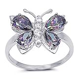 Rhodium Plated Sterling Silver Wedding & Engagement Ring Rainbow Topaz Butterfly Ring 7MM ( Size 5 to 9)