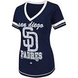 MLB Women's San Diego Padres Bling Beauty Short Sleeve V-Neck Boyfriend Tee (Athletic Navy Heather/White, Large)