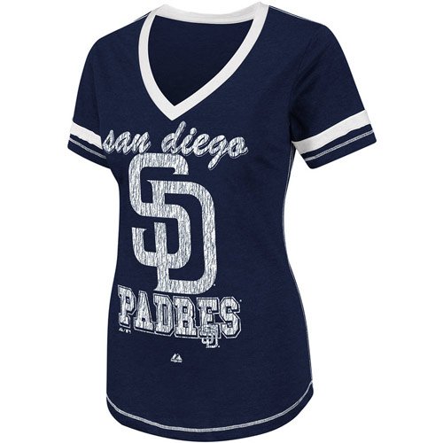 Majestic San Diego Padres Women's Bling Beauty Premium T-Shirt - Navy Blue (Large)