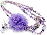 Lavender Fabric Flower Broach Accent Pearl and Beads Necklace