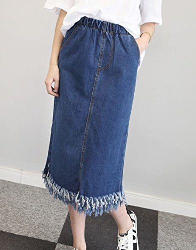 (ALLURE) ロング デニム スカート ペンシルスカート タイト フリンジ加工 切りっぱなし風 ブルー AF0510
