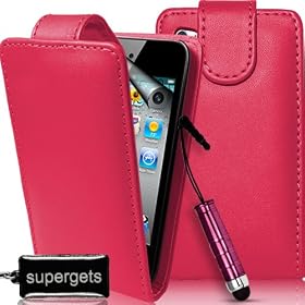 SUPERGETS� High Quality Apple Ipod Touch 4G 4TH 5G 5TH (2010,2011,2012) Generation Leather Flip Case Pink, Touch Screen Stylus And LCD Screen Protector