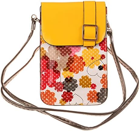 Nine States PU Leather Gel Cross Body Floral Pritning Cellphone Purse/Wallet for Apple iPhone Samsung and Other Mobile Phone with Magnetic Button + One Nine States Logo Pouch Yellow