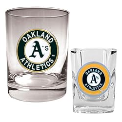 Oakland Athletics MLB Rocks Glass & Square Shot Glass Set - Primary Logo by Great American Products