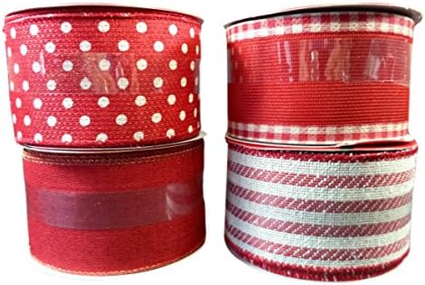 Assorted Burlap Style Red &amp; White Wire Edged Ribbon, 2 1/2 In. X 25 Ft., (4) Designs.