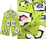 ULRIKE Oblong Flat Crepe Silk Scarf - Jaunty black and white posies with centers of red-orange, yellow, aqua, blue, pink, peach, and lavender on a field of lime, olive, and a golden green.