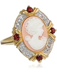 Sterling Silver Created White Sapphire, Semi Garnet and Pink Cameo Ring, Size 7