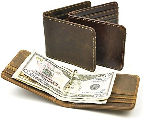 Pavel Natural Crazy Horse Leather Wallet Bifold Money Clip Slim Wallets for Men (Khaki)