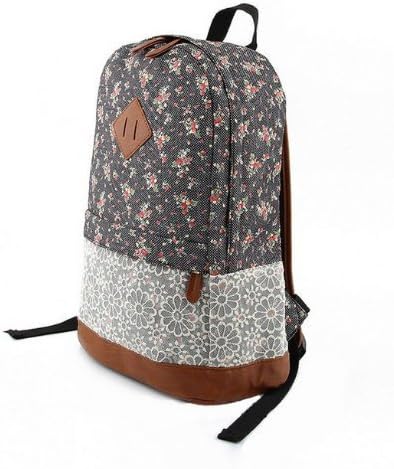 Icelove(TM) Unisex Fashionable Vintage Cute Flower Japan Style Small Floral Pattern With Lace Design Casual Canvas Backpack School Double Shoulder Bag Tote Bag Super Cute Stripe School College Laptop Bag for Teens Traveling Backpack (Black)