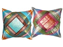 2 Cushion Covers Maya Blue Red Vintage Sari Zari Borders Toss Pillow Case 16"
