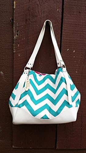 Charlotte City Tote Shoulder Handbag in Teal and White Chevron Stripe Fabric with White Faux Leather Accents and Straps.
