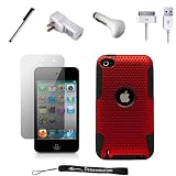 Red Orange Metallic Armor with Aero Breathe Design / Rubberized Silicone Gel Skin with Hard Shell Cover Case for New Apple iPod Touch 4 ( 4th Generation 8GB 16GB 32GB ) + Includes a USB Travel Car Charger, a USB Home Charger and a USB Data Sync Cable + Includes Anti Glare Screen Protector Guard and a Graphic Designer Stylus Pen to Navigate Device