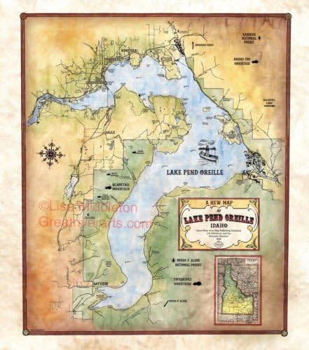 068-Lake Pend Oreille, Idaho Custom Map Designed By Lisa Middleton, Antique Map Print
