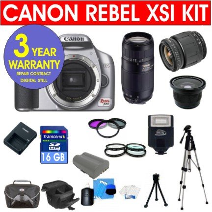 Canon EOS Rebel XSI 450D 12.2 MP Digital Camera (black) with Tamron 28-80mm f/3.5-5.6 Aspherical Lens + Tamron 75-300 f/4-5.6 LD Lens + .40X Wide Angle Lens with Macro + +1, +2, +4, +10 4 Piece Macro Close Up Kit + 16 GB Memory Card + Multi-Coated UV Filter (2) + Multi-Coated Polarizer Filter + Digital Slave Flash + 50  Tripod + Deluxe Padded Camera Bag + 6 Piece Accessory Kit + 3 Year Warranty Repair Contract