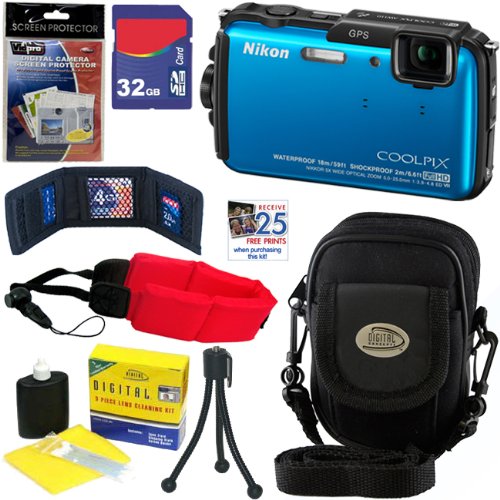 Nikon COOLPIX AW110 16 MP Waterproof Digital Camera with GPS & Built-In Wi-Fi (Blue) + 7pc Bundle 32GB Accessory Kit On Sale