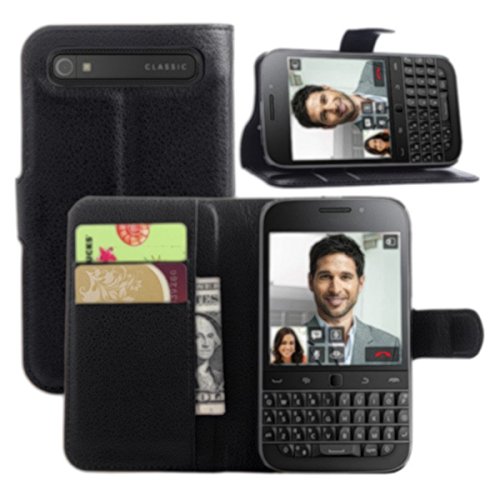 Ultra Slim Flip Bracket Cover Case for BlackBerry Classic - Premium Soft PU Leather [ Wallet ] Case Cover for BlackBerry Classic (Wallet - Black)
