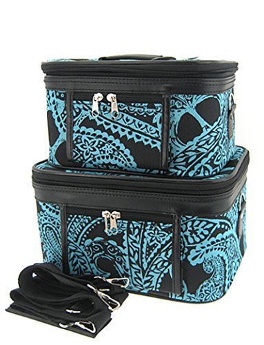 World Traveler 2-Piece Paisley Cosmetic Train Case Set, Black and Blue