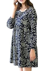 A-line Pleated Empire   Waistline Cotton Floral Print Bishop Scoop Neck Mini Dress 