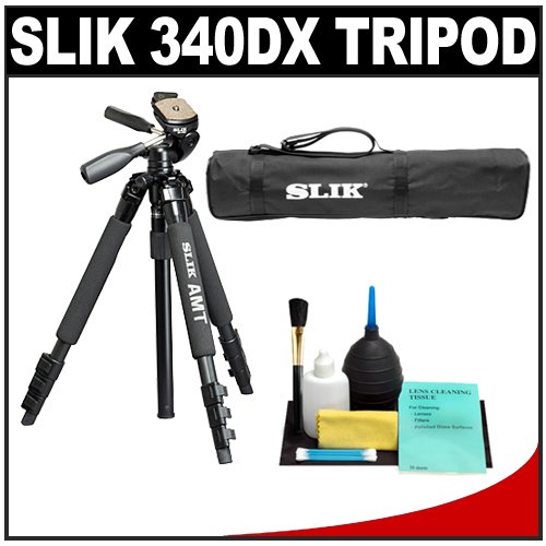 Slik 340 DX Pro Series Black Tripod 3Way Pan/Tilt Head & Quick Release with Tripod Case + Cleaning Kit