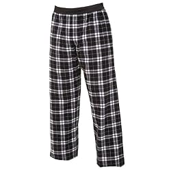 Black and White tartan plaid check flannel cotton pants for lounging, sleep, sports. Unisex relaxed fit, exposed elastic waist