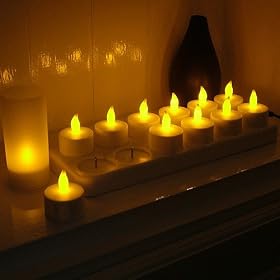 12 Led Indoor Battery Operated Tea Lights, Rechargeable, White Base