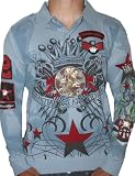 CHRISTAIN AUDIGIER Ed Hardy Mens Tattoo Crown Logo Star Long Sleeve Polo Shirt Blue