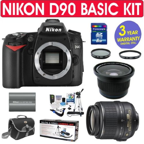Refurbished Nikon D90 12.3MP Digital Camera + Nikon 18-55mm VR Lens + .40x Fisheye Lens + UV Filter + CPL Filter + 8GB Memory Card + Camera Bag + 11 Piece Kit + 3 Year Warranty