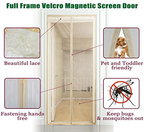 Magnetic Screen Door ,Full Frame Velcro 5 Sizes Avaliable to Fits Door Up To 46"x82",34"x82",34"x98",36"x82", 36"x98" White