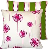 Dandy Dandelions Collection - Designer 18" Square Boutique Throw Pillow Covers - Dandelion Flowers, Dots and Stripes - White, Green and Pink - 1 Pillow Cover