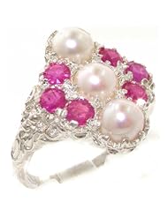 High Quality Solid 925 Sterling Silver Natural Pearl & Ruby Large Vintage Ring - Finger Sizes 4 to 12 Available