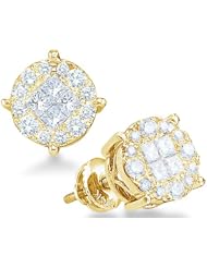 14k Yellow OR White Gold Princess and Round Cut Invisible Channel Set Diamond Stud Earrings - 7mm Height * 7mm Width (1/2 cttw)