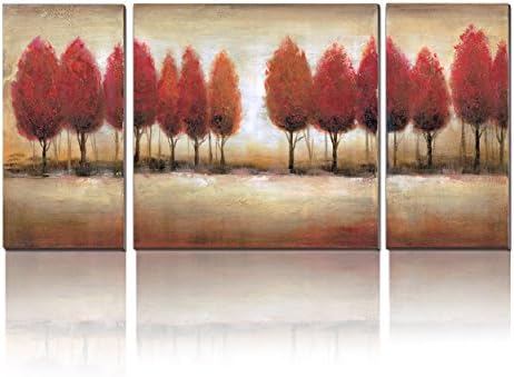 cubism-3 Panels Prints Oil Painting (UnStretch / No Frame) on Canvas Landscape Red Tree Wall Art for Home Decor ,10x20inchx2pcs, 20x20inchx1pc