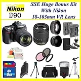 Nikon D90 SLR Digital Camera with 18-105mm Lens + Huge Accessories Package Including Wide Angle Macro Lens + 2x Telephoto + 3 Pc Filter KIT + 8gb Sdhc Memory Card + 2x Extended Life Batteries + Carrying Case + Tripod & Much More!!