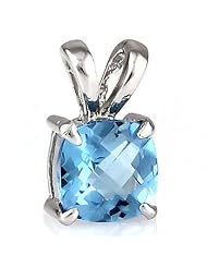 8mm Sterling Silver Cushion Cut Blue Topaz Gemstone Solitaire Pendant 3.25 carats