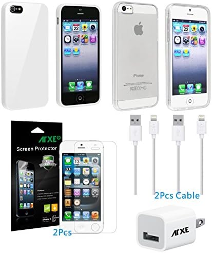 ATXE 2pcs TPU Rubber Skin Case Compatible for Apple iPhone 5 5S + Wall charger+2 data cable+2 Screen Protect for iPhone 5 / 5S