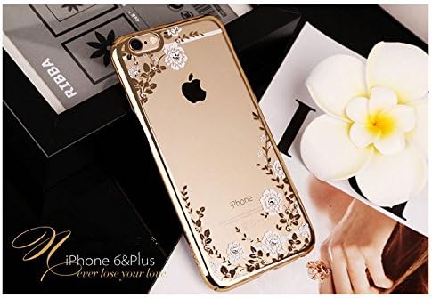 iPhone 5/5S/5SE Case,Soft Case Cover,Clear TPU Cover with Glitter Bling Zircon and Flowers for Apple iPhone 5 5S 5SE (Gold + White Flower)