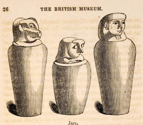 1836 Wood Engraving Canopic Jars Hapi Qebehsenuef Imseti Horus Organs Egyptian - Original In-Text Wood Engraving