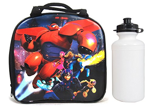 Disney Pixar Big Hero 6 Lunch Bag w/ Water Bottle & Adjustable Strap Hiro, Baymax, Tomago, Fred, Wasabi, & Honey Lemon (Black)
