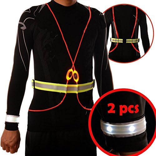 Deercy LED Light Reflective Vest, 2 LED Wristbands, LED Light Bag Hanging, For Night Running, Jogging, Cycling, Hiking, Party (red)