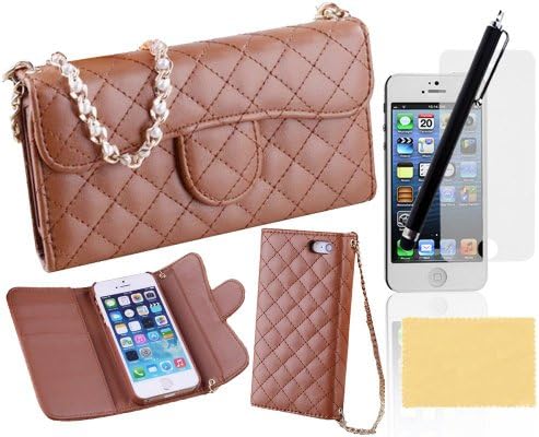 Kingsource (TM) Elegant Lady Handbag Style Wallet Leather Case with Credit Card Slots Suitable For Apple iphone 5 5g 5s Crystal Flower Bling and Hand Strap Luxury Fashion Handbag Metal Chain Style PU Leather Wallet Case for Apple iphone 5 5g 5s with 1 Screen Protector, 1 Stylus and 1 Microfiber Sticker Digital Cleaner (iPhone 5 5s brown)