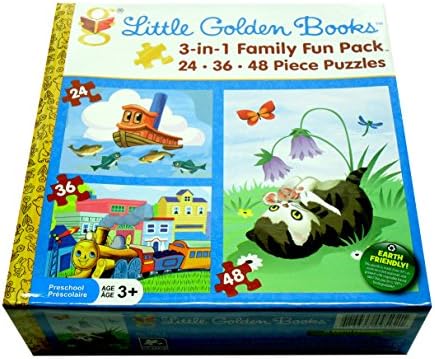 Little Golden Books Childrens Puzzles - 3-in-1 Family Fun Pack - Scuffy the Tugboat (24 Piece), Tootle the Train (36 Piece), The Shy Little Kitten (48 Piece)