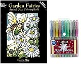 Sargent Art Metallic Gel Pens 10 Count, and Dover Garden Fairies Stained Glass Adult Coloring Book, Gift Bundle of 2 (Transparent Coloring Paper that Glows Like Stained Glass)