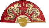 Great Gift Idea for Teen Guy Girl - Large Thai Silk & Bamboo Wall Fan - Lucky Red Double Dragon
